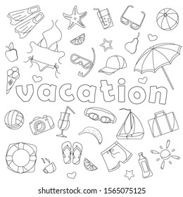 A set of simple  icons  on the subject of vacation , simple outline freehand drawn dark outlines on white background