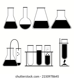 Set of simple icons on a theme Flask, laboratory, experiment, collection, flat, sign, symbol,element, object, illustration. Black icons isolated against white background