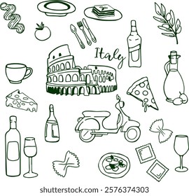 A set of simple icons on the theme of Italy. Doodle icons of pizza, pasta, collision, wine, olive oil, olives, tomato and motorcycle.