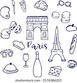 A set of simple icons on the theme of Paris. doodle eggs macaroon, Eiffel tower, baguette, cheese, beret and croissant