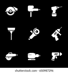 Set of simple icons on a theme electric work tools , vector, set. Black background