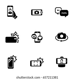 Set of simple icons on a theme Self, photo, camera, phone, mobile, interaction, technology, vector, set. Black icons isolated against white background