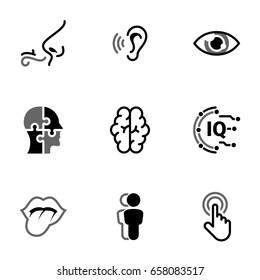 Set Of Simple Icons On A Theme Sense Organs, Man, Mind, Processing, Perception, Intellect , Vector, Set. Black Icons Isolated Against White Background