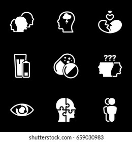 Set of simple icons on a theme Depression, stress, pain, antidepressant, pain, fear , vector, set. White icons isolated against black background