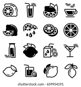 Set of simple icons on a theme Citrus, lime, orange, lemon, fruit, drink, vector, set. Black icons isolated against white background
