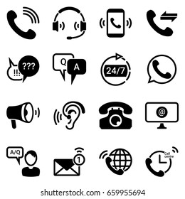 Set of simple icons on a theme Technical support, service, questions, answers, communication, office, internet, marketing, advertising, vector, set. Black icons isolated against white background