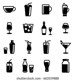 Set of simple icons on a theme Restaurant, alcohol, glass, dishes, drinks, bar, cold, hot, strong, vector, set. Black icons isolated against white background