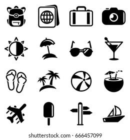 Set of simple icons on a theme Travel, summer, heat,ice cream, slippers, entertainment, beach , vector, design, flat, sign, symbol, object, illustration. Black icons isolated against white background