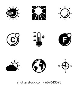 Set of simple icons on a theme Sun, summer, vector, design, flat, sign, symbol, object, illustration. Black icons isolated against white background