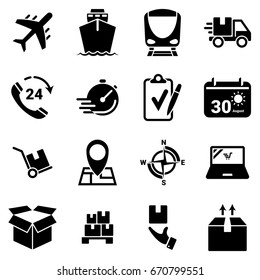 Set of simple icons on a theme Transportation, logistics, cargo, vector, design, flat, sign, symbol,element, object, illustration. Black icons isolated against white background