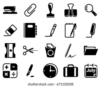 Set of simple icons on a theme stationery, office, vector, design, flat, sign, symbol,element, object, illustration. Black icons isolated against white background
