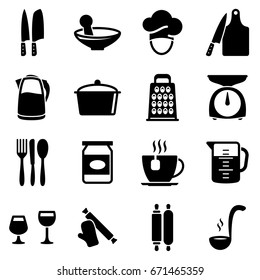 Set of simple icons on a theme Kitchen utensils, vector, design, collection, flat, sign, symbol,element, object, illustration. Black icons isolated against white background