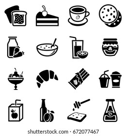 Set of simple icons on a theme Sweets, drinks, food, vector, design, collection, flat, sign, symbol,element, object, illustration. Black icons isolated against white background