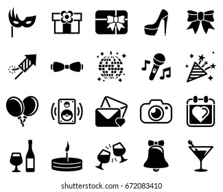 Set of simple icons on a theme Party, Birthday, Holidays, vector, design, collection, flat, sign, symbol,element, object, illustration. Black icons isolated against white background