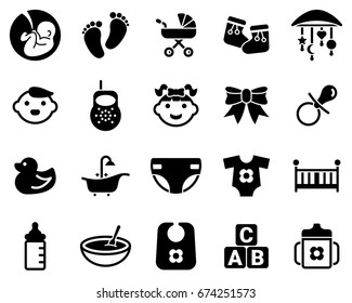 Set of simple icons on a theme Child, infant, childhood, newborn, children, vector, design, collection, flat, sign, symbol,element, object, illustration. Black icons isolated against white background
