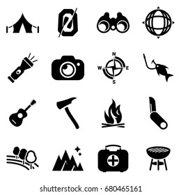 Set of simple icons on a theme summer camping, travel, vector, design, collection, flat, sign, symbol,element, object, illustration. Black icons isolated against white background