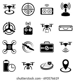 Set of simple icons on a theme drone, vector, design, collection, flat, sign, symbol,element, object, illustration. Black icons isolated against white background. Fill, glyph