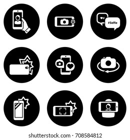 Set of simple icons on a theme Self, photo, camera, phone, mobile, interaction, technology, vector, set. Black icons isolated against white background. Fill, glyph