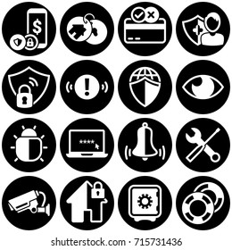 Set of simple icons on a theme Security, credit card, insurance, internet, surveillance, home, notification, vector, flat, sign, web, symbol, object. White background. Fill, glyph