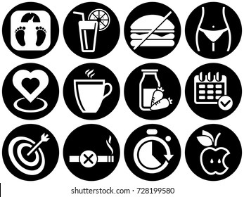 Set of simple icons on a theme Diet, vector, design, collection, flat, sign, symbol,element, object, illustration. White background