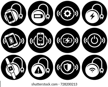Set of simple icons on a theme wireless charger, vector, design, collection, flat, sign, symbol,element, object, illustration. White background. Fill, glyph