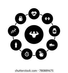 Set of simple icons on a theme Fitness, vector, design, collection, flat, sign, symbol,element, object, illustration, isolated. White background