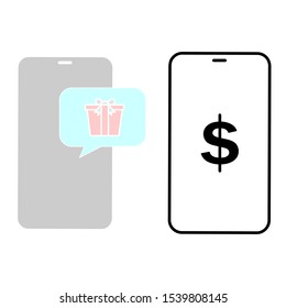 Set of simple icons with phone with dollar sign and message with gift