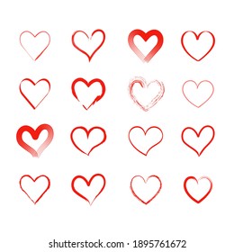 Set of simple icons of red hearts of different shapes hand-drawn for Valentine's Day, holiday, wedding. Love symbol. Design elements. Vector pictograms