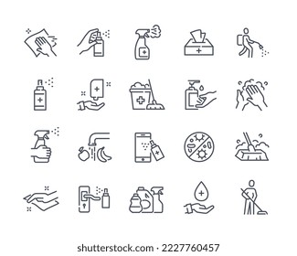 Set of simple icons related to disinfection. Cleaning equipment, mop and bucket, detergent bottles, Prevention of viral infections. Cartoon linear vector collection isolated on white background