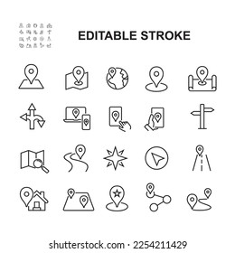 Set of Simple Icons Related to Navigation. Contains icons such as location map, World Map, digital map and many more. Lined Style. Editable Stroke.
