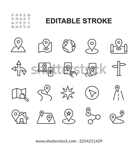 Set of Simple Icons Related to Navigation. Contains icons such as location map, World Map, digital map and many more. Lined Style. Editable Stroke.
