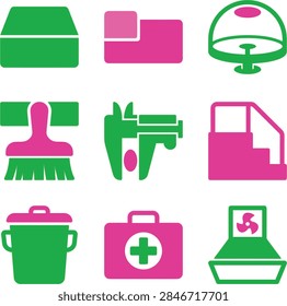 Set of simple icons representing construction, medical, and household