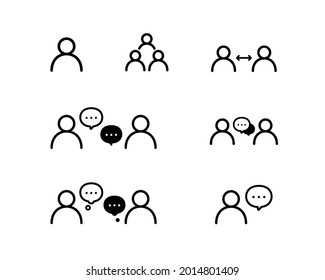 Un conjunto de íconos simples que representan personas, equipos y comunicación.
Iconos con elementos de negocio, conferencia, reunión, conversación, empresa, organización, etc.