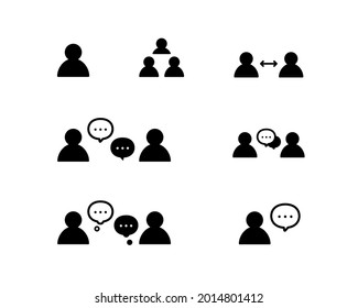 Un conjunto de íconos simples que representan personas, equipos y comunicación.
Iconos con elementos de negocio, conferencia, reunión, conversación, empresa, organización, etc.