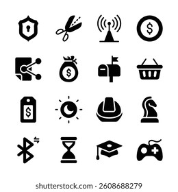 A set of simple icons representing various business and technology concepts