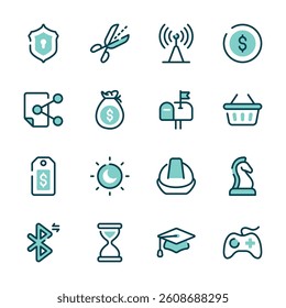 A set of simple icons representing various business and technology concepts
