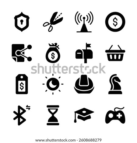 A set of simple icons representing various business and technology concepts