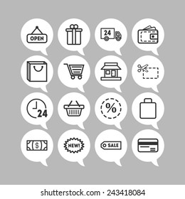 Set of simple icons for shop, market, bank and commerce