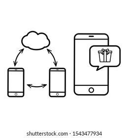 A set of simple icons with a smartphone dialog box with a gift and cloud technologies, data transmission
