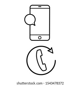 A set of simple icons with a smartphone with the sign dialog box and sign to call back