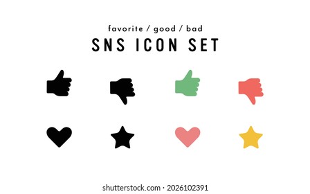 Un conjunto de íconos simples para las redes sociales.
Esta ilustración está relacionada con: "me gusta", "bueno", "malo", "favorito", "marcador", "estrella", "corazón", "botón", etc.
