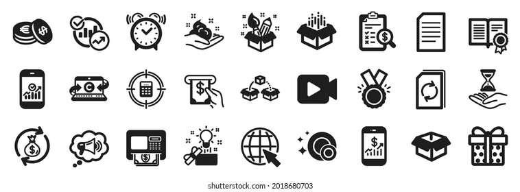 Set von einfachen Symbolen wie Wecker, Statistik, Mobile Finance Icons. Offener Kasten, Geschenkbox, Kopienbeschilderung für Notebooks. Dokument, Geldbörse, Ziel des Rechner. Kreativität, Atm. Vektorgrafik