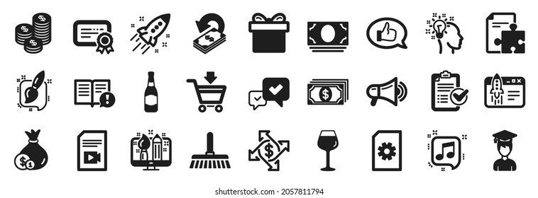 Set of simple icons, such as Approve, Beer bottle, Payment exchange icons. Megaphone, Cashback, Idea signs. Facts, Gift box, Survey checklist. Certificate, Student, Strategy. Payment, Cash. Vector