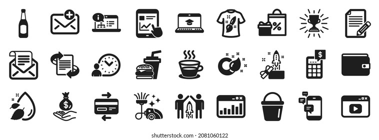 Set of simple icons, such as Article, Video content, Calculator icons. Water drop, Hamburger, New mail signs. Website education, Online documentation, Trophy. Paint brush, Bucket, Shopping. Vector