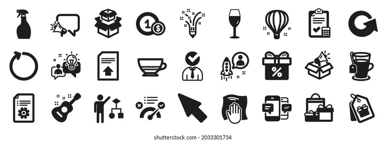 Set of simple icons, such as Bombon coffee, Algorithm, Mouse cursor icons. Megaphone box, Upload file, Shopping signs. Usd coins, Washing cloth, Correct answer. Guitar, Wineglass, Loop. Vector