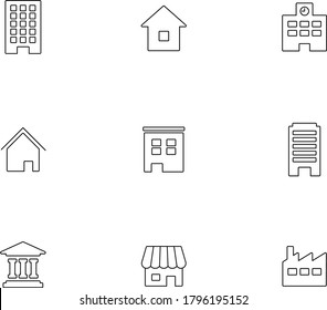 Set of simple icons such as buildings, houses, shops and schools