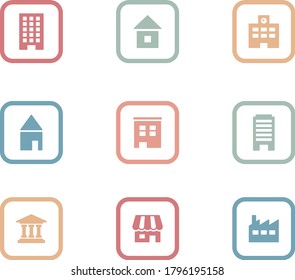 Set of simple icons such as buildings, houses, shops and schools