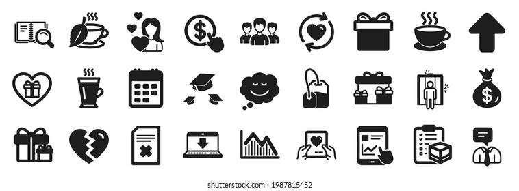 Set of simple icons, such as Elevator, Mint tea, Support service icons. Upload, Buy currency, Group signs. Cappuccino, Love, Speech bubble. Gift box, Surprise package, Update relationships. Vector