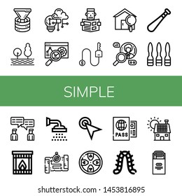 Set of simple icons such as Funnel, Tree, Creativity, Web, Reading, Key, House, Search, Baseball bat, Syringe, Chat, Fireplace, Shower, Map, Cursor, Gamepad, Passport , simple