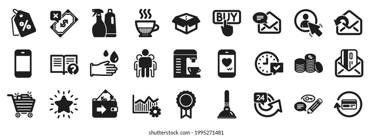 Set of simple icons, such as Help, User, Shopping cart icons. Rubber gloves, Rank star, Refund commission signs. Discount tags, Rejected payment, Banking money. Plunger, Select alarm. Vector